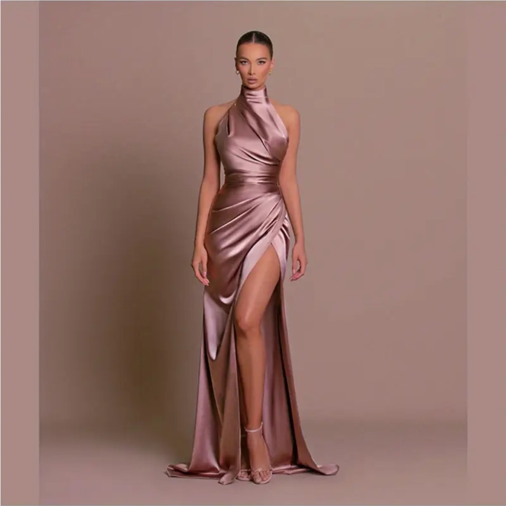 Elegant Asymmetrical Satin Dress In Rose Gold Off Shoulder Halter Prom Gala Gown